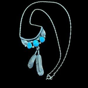 Vintage Navajo Handmade Turquoise & Sterling Silver Feather Necklace NWOT